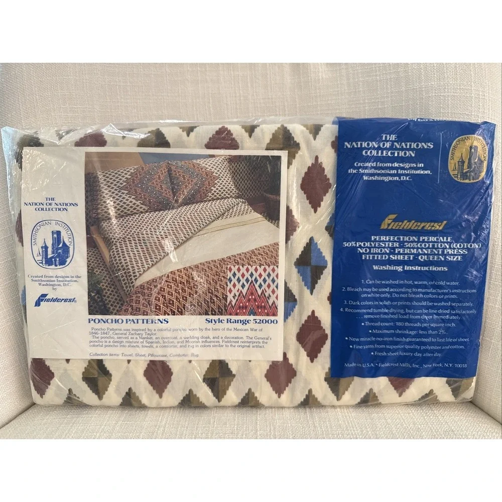 NOS Vtg Fieldcrest Queen Fitted Sheet Poncho‎ Patterns Nation Of Nations 52000
